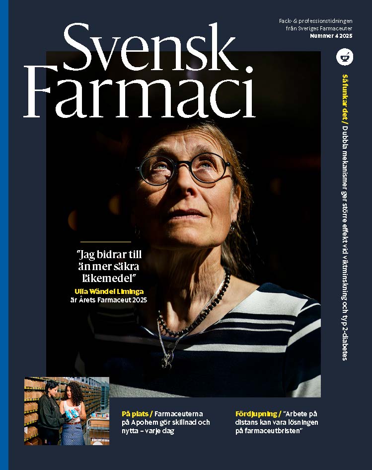 Omslag Svensk Farmaci 2025, nummer 3. På framsidan, årets farmaceut Ulla Wändel Liminga