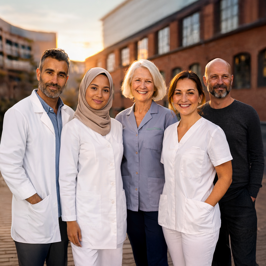 Grupp farmaceuter står med tegelbyggnader i bakgrunden. Det syns att de kommer från olika branscher och tillhör olika åldersgrupper. Alla ler mot kameran.