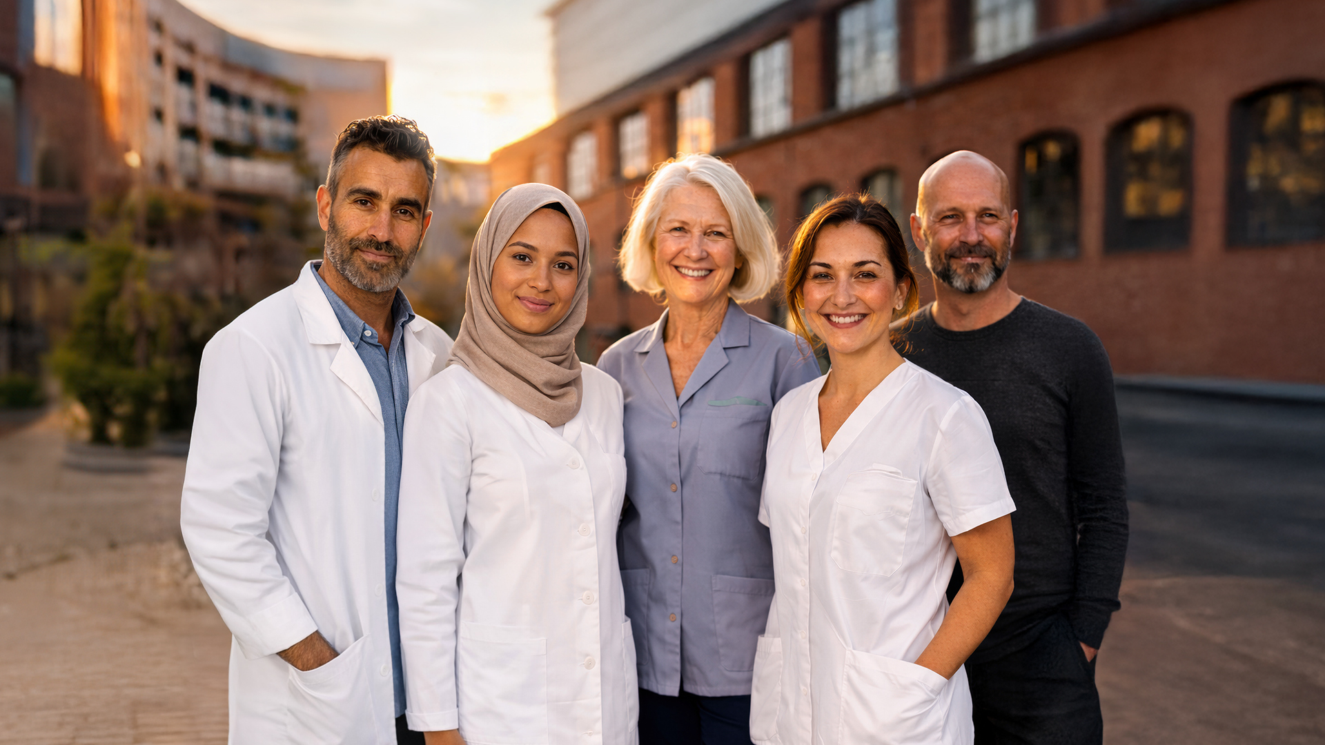 Grupp farmaceuter står med tegelbyggnader i bakgrunden. Det syns att de kommer från olika branscher och tillhör olika åldersgrupper. Alla ler mot kameran.