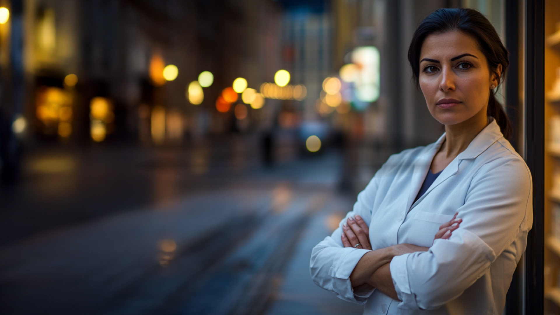 Bestämd farmaceut iklädd vit rock står utanför ett apotek, tittar in i kameran