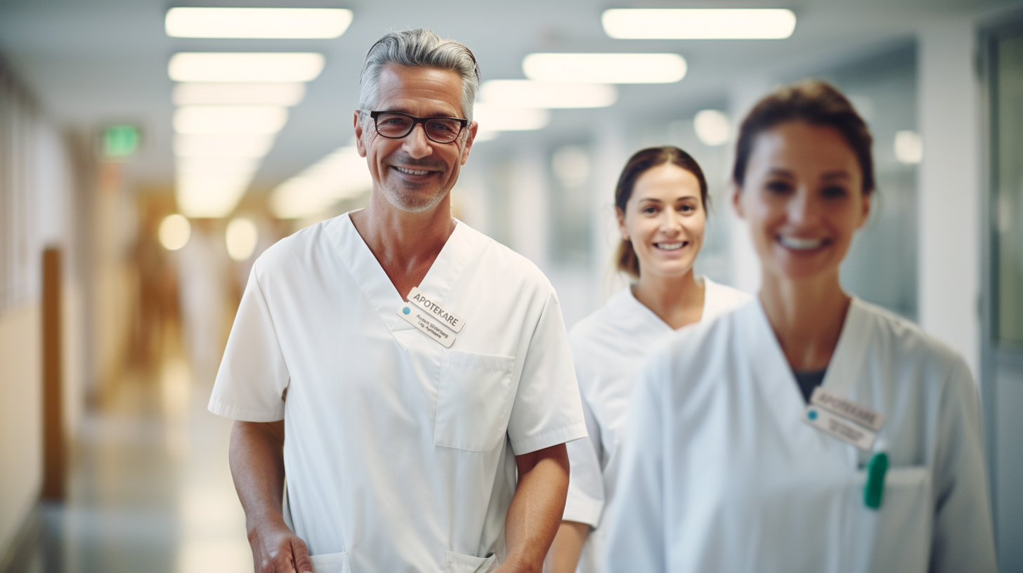 Kliniska farmaceuter går i en korridor, solljus sipprar in genom ett fönster vilket ger en dramatisk effekt. De tittar in i kameran och ler.