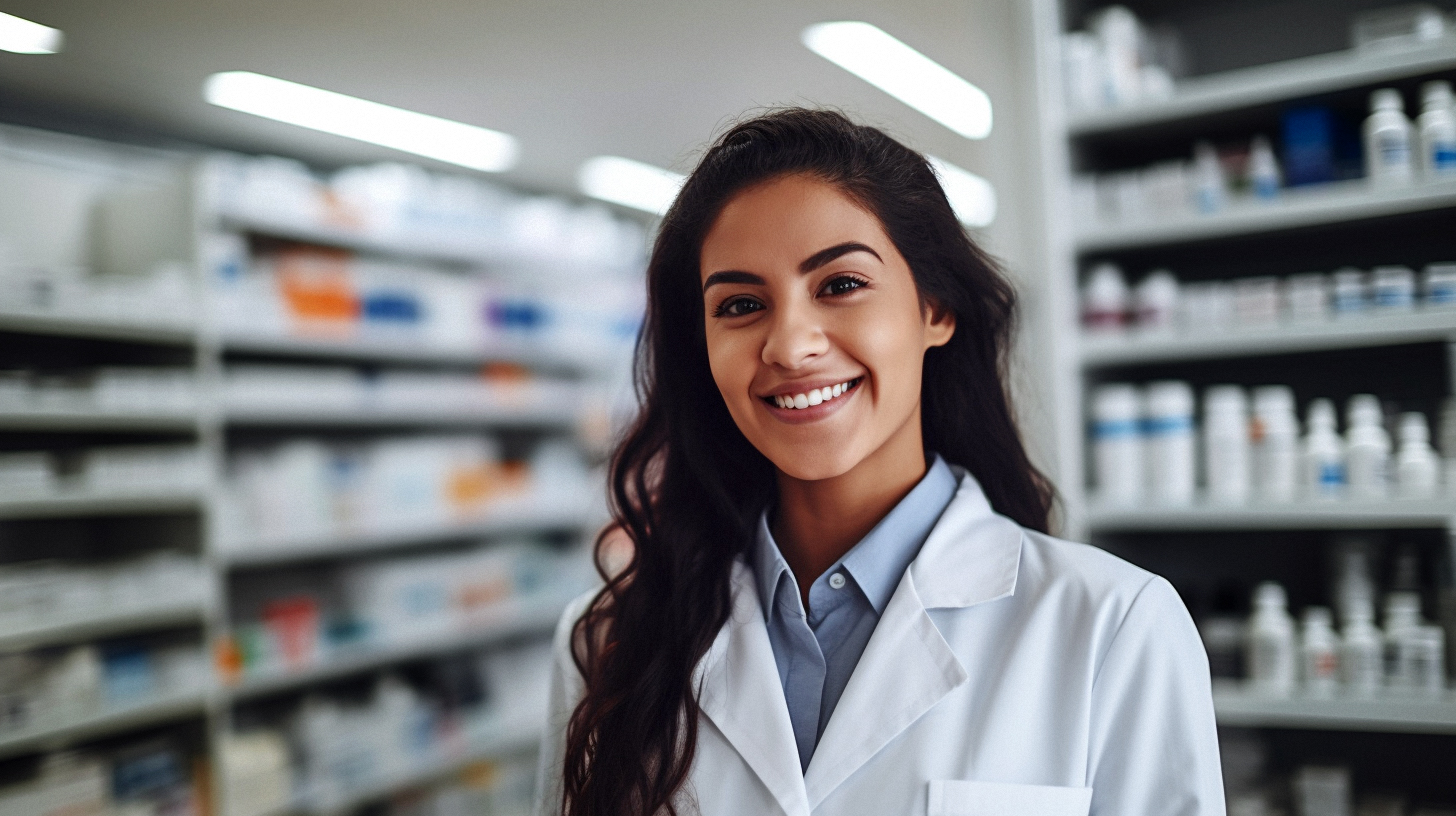 Kvinna på apotek, tittar in i kamera och ser glad ut