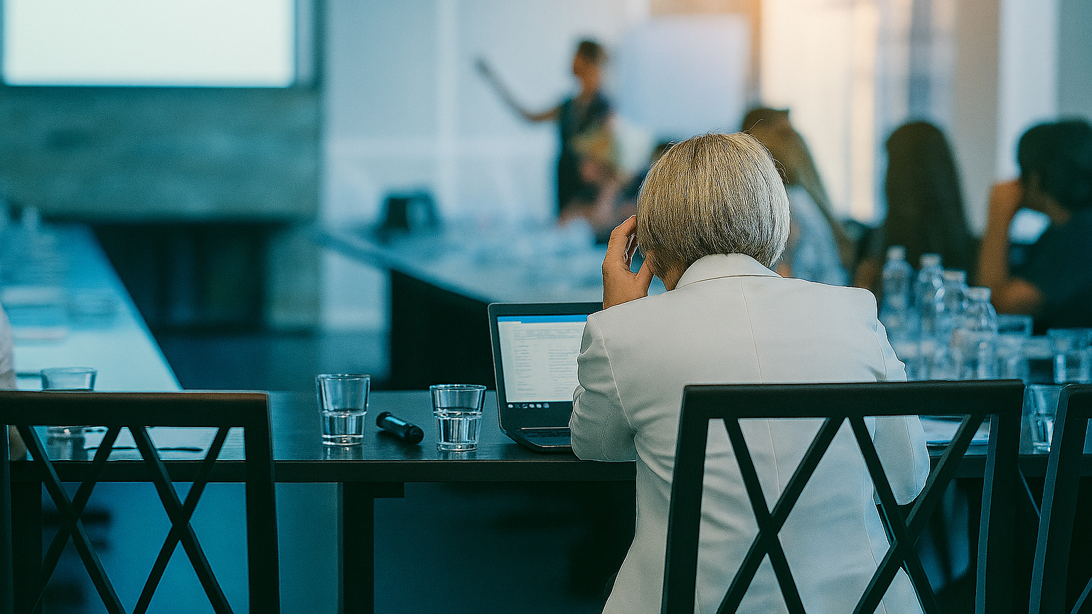 Kvinna vars rygg syns lutar huvudet i handen och lyssnar intresserad. Suddigt i bakgrunden syns att hon deltar vid en konferens.
