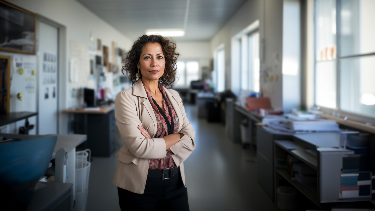 Kvinna i ett kontorslandskap, håller armarna i kors. 