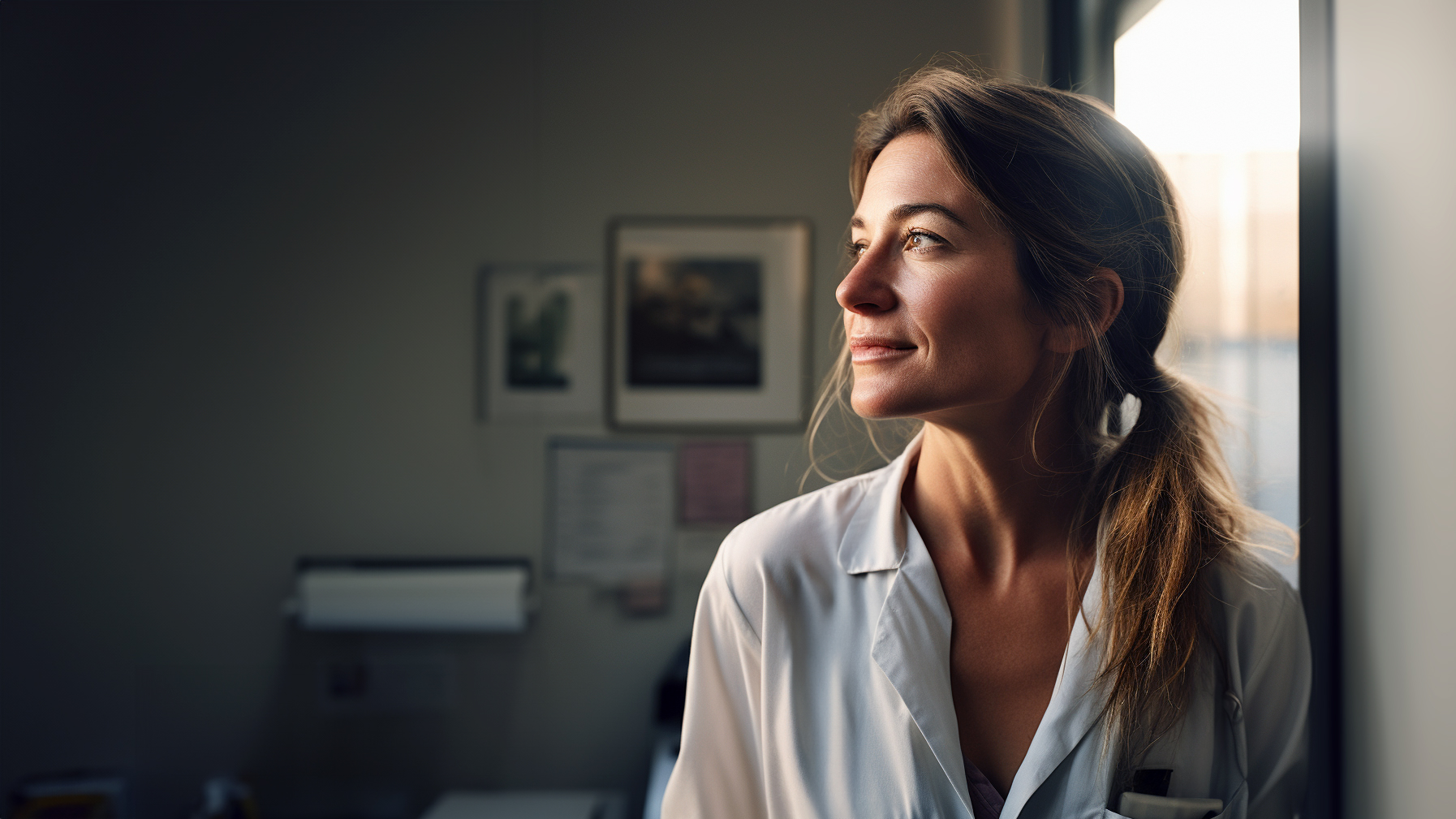 Kvinnlig farmaceut sitter i ett mörkt rum, men utanför är det soluppgång. Hon blickar drömskt ut genom fönstret. 