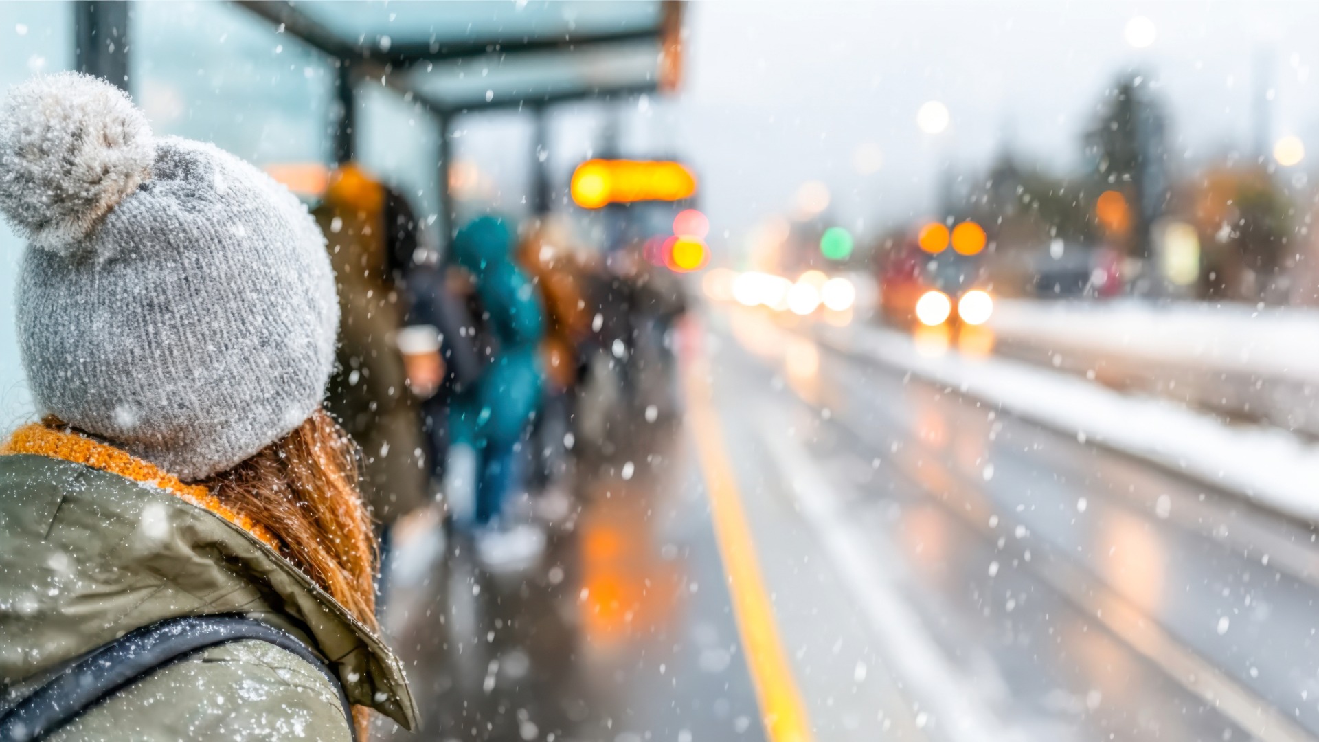 Person som fastnat i kollektivtrafiken på grund av snö, tittar efter en buss som inte kommer.