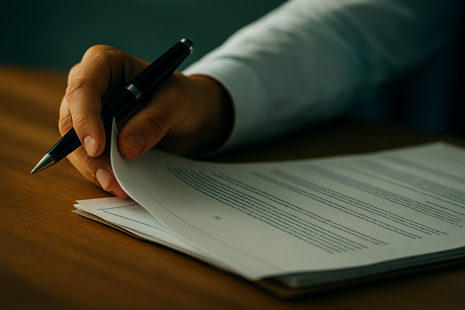 En hand håller i en penna och läser ett avtal